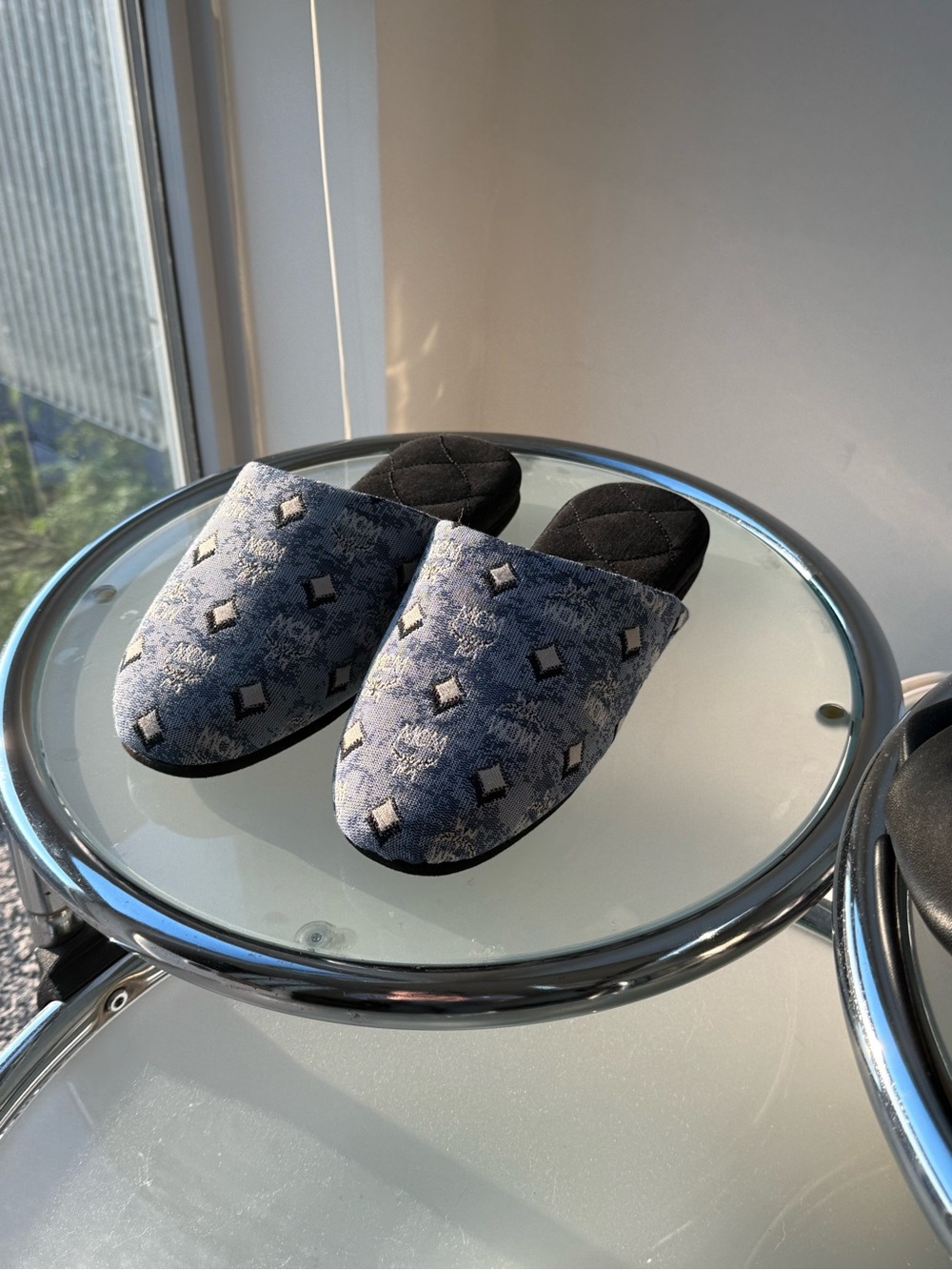 MCM Unisex Visetos Logo Canvas Room Slippers Vintage Blue S/M (MSRP $280)